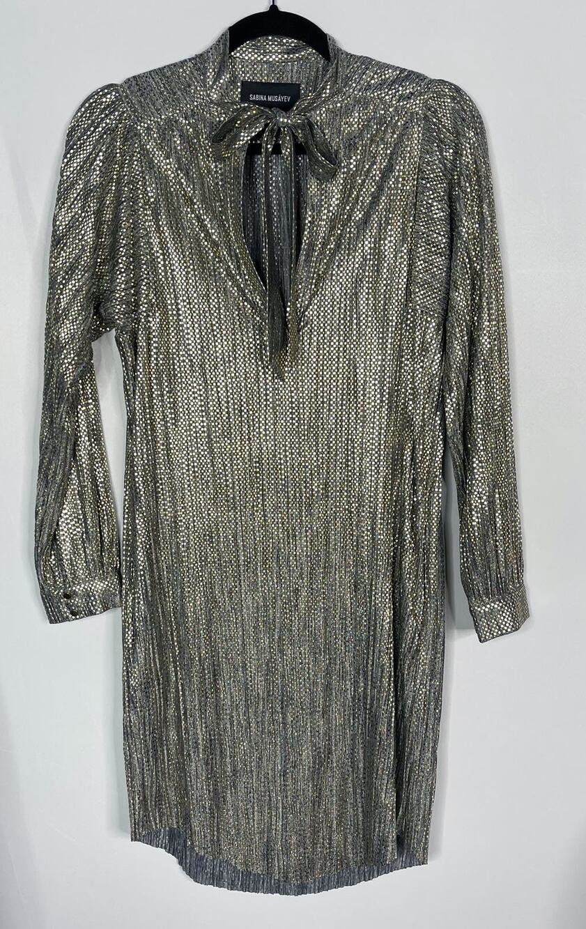 Anthropologie Sabina Musayev XS Gold Agatha Tie Neck Metallic Dress Long Sleeve